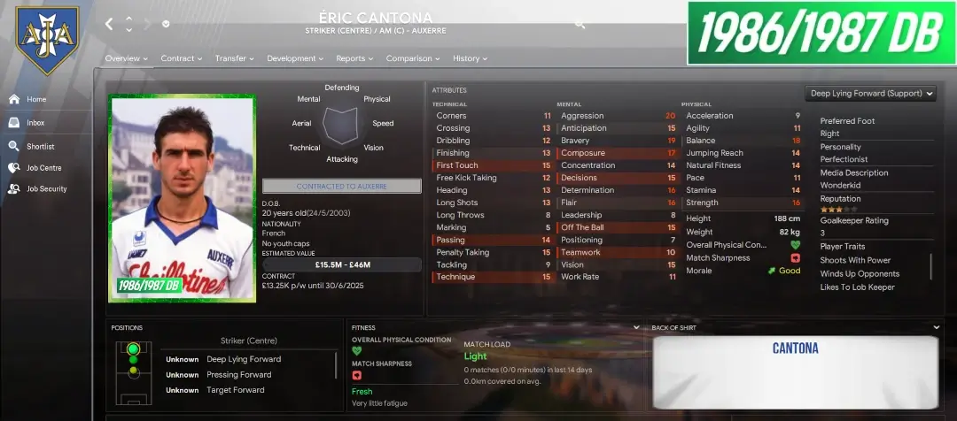 1986/87 Retro Database for Football Manager 2024 5 Eric Cantona player profile in 1986-87 throwback database