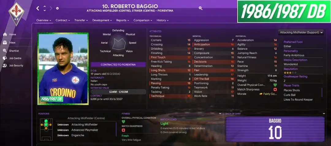 1986/87 Retro Database for Football Manager 2024 4 Roberto Baggio player profile in 1986-87 throwback database for Football Manager 2024