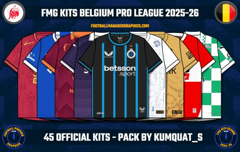 FM26 FMG Kits by FM Graphics 6 FMG Kits Belgium Jupiler Pro League 2025-26 kits for Football Manager 26
