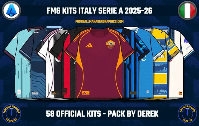 FM26 FMG Kits by FM Graphics 5 FMG Kits Italy Serie A 2025-26 kit pack for Football Manager 26