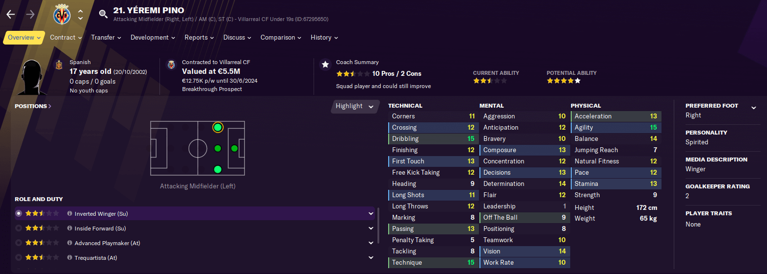 Football Manager 2021 Player profile Yeremi Pino