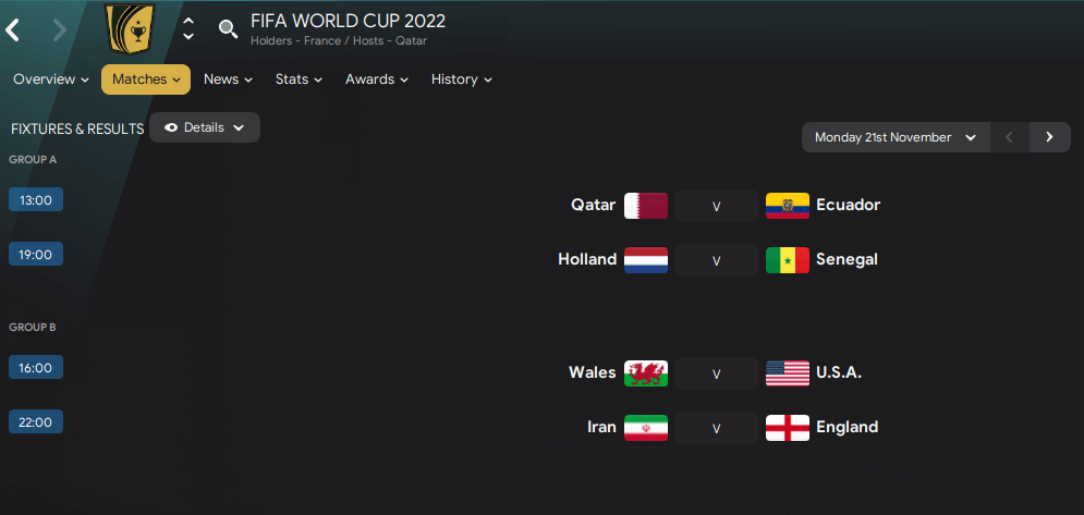 FM22 World Cup 2022 real fixtures