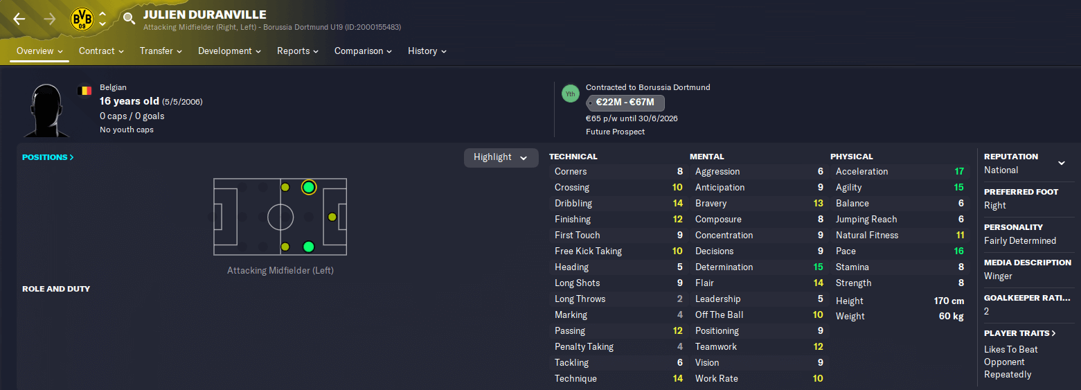 Top 100 Best Young Talents in Football Manager 2023 9 FM23 best young talent Julian Duranville player profile 23.3