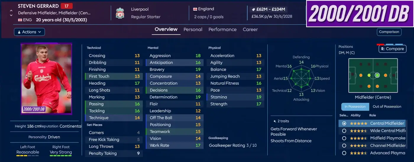 2000/01 Retro Database for Football Manager 2026 & FM24 16 Steven Gerrard player profile in FM26 2000/01 retro database