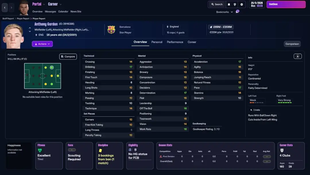 Conquista da atualização da temporada FM26 2026/2027. A mais recente é a transferência de Anthony Gordon para o Barcelona