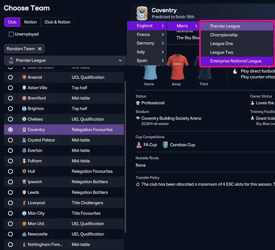 FM26 2026-2027 Temporada Divisões jogáveis ​​em inglês Salvar atualização do arquivo do jogo