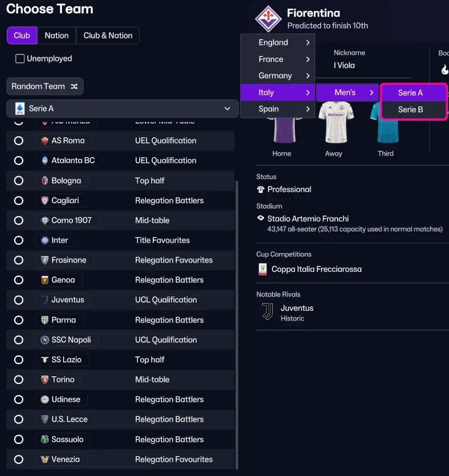 FM26 temporada 2026-2027, divisões jogáveis ​​italianas salvam arquivo do jogo