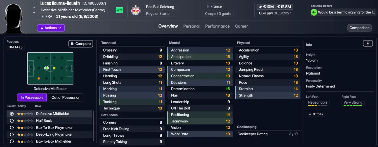 Football Manager 2026 Bargains: Best Cheap Players You Need to Sign on FM26 5 Player profile of Lucas Gourna-douth in FM26 - a defensive midfield bargain