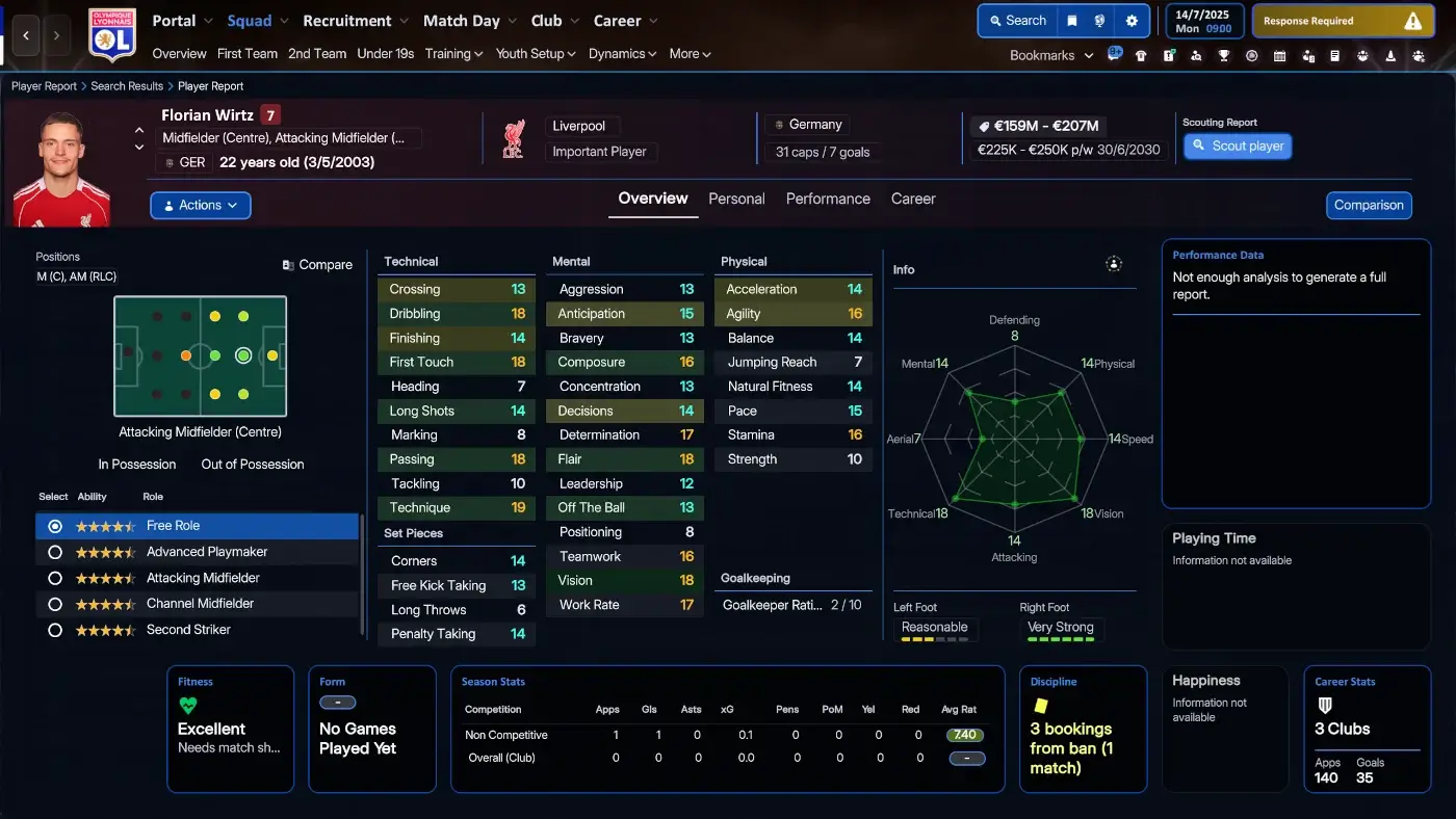 Player profile of Florian Wirtz in FM26 Darkside skin