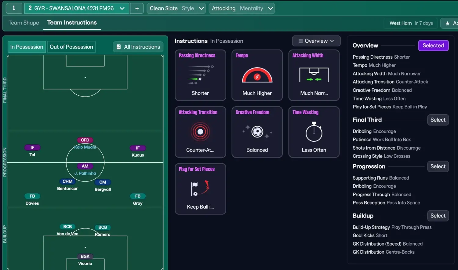 GYR's Swansalona 4-2-3-1 v1 | FM26 High-Scoring Tactic 5 FM26 GYR's Swansalona team instructions in possession
