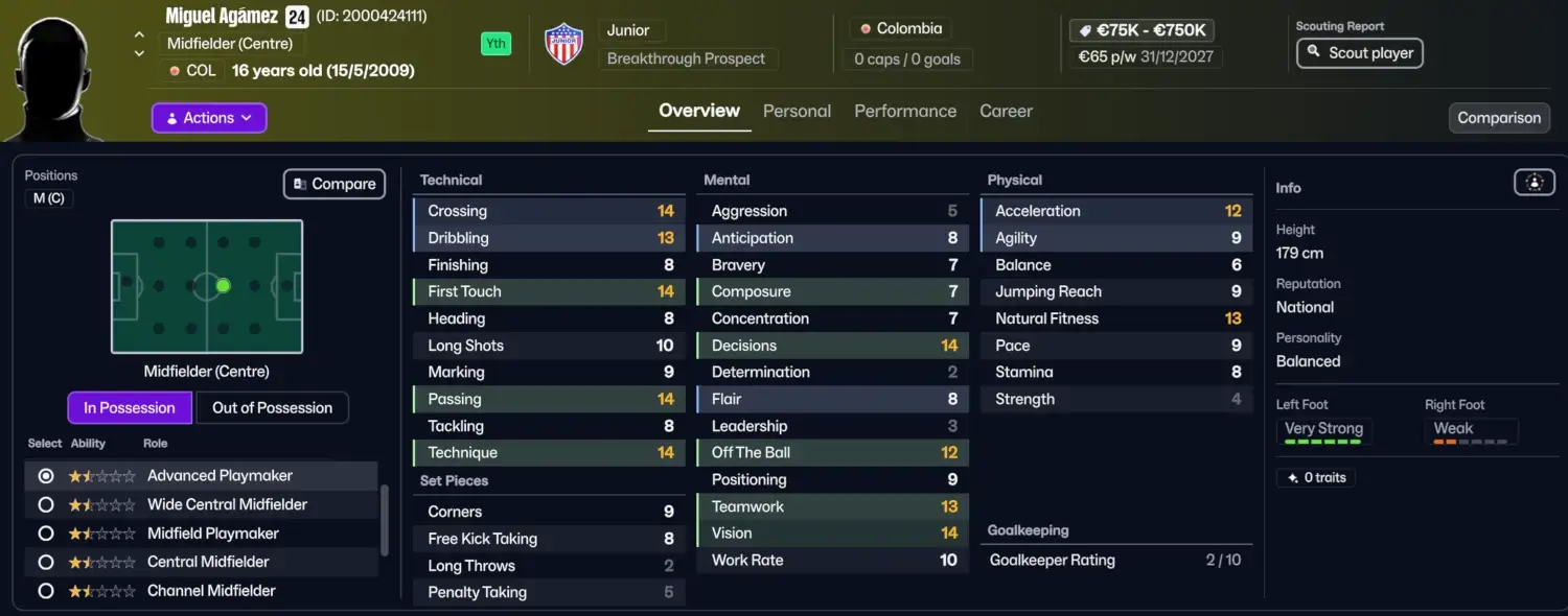 Football Manager 26 Hidden Wonderkids & Cheap Young Gems You Need to Know! 9 Player profile of Miguel Agamez in FM26 - the Colombian playmaker wonderkid on Football Manager 26