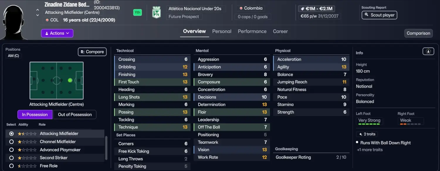 Football Manager 26 Hidden Wonderkids & Cheap Young Gems You Need to Know! 5 Zinadine Zidane Bedoya player profile on FM26 - Colombian Hidden Wonderkids gems