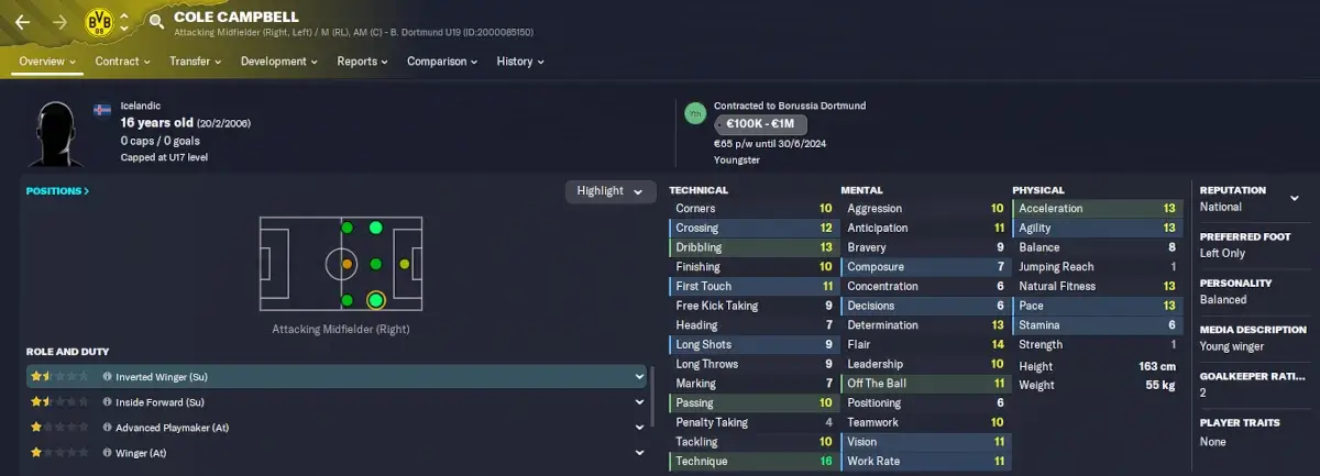 Football Manager 2023 approach to sign wonderkids Cole Campbell player profile