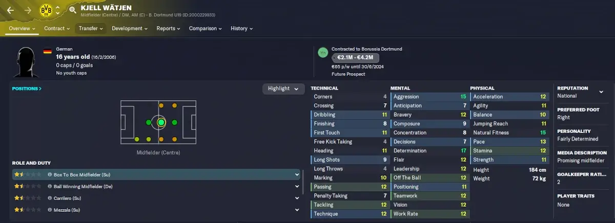FM23 Borussia Dortmund talent Kjell Wätjen player profile