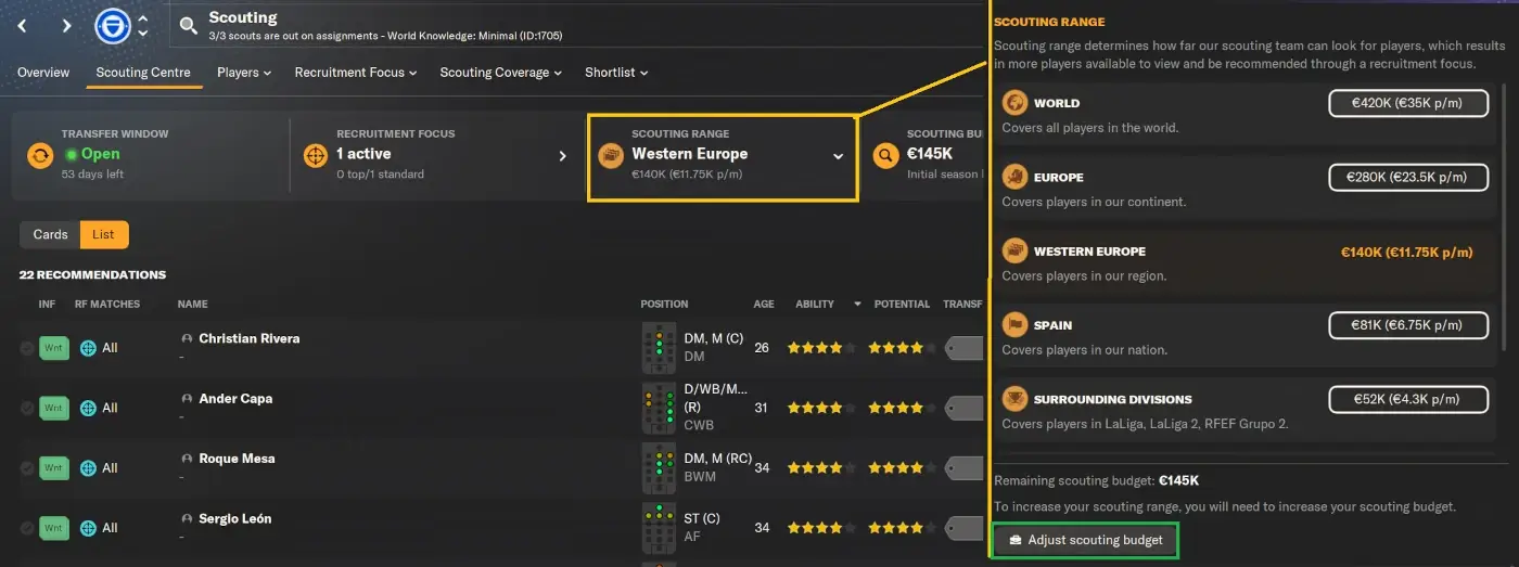 Mastering Day One on Football Manager | First Things to Do On a Brand-New Save 17 Football Manager 2024 scouting centre determining scouting range & budget