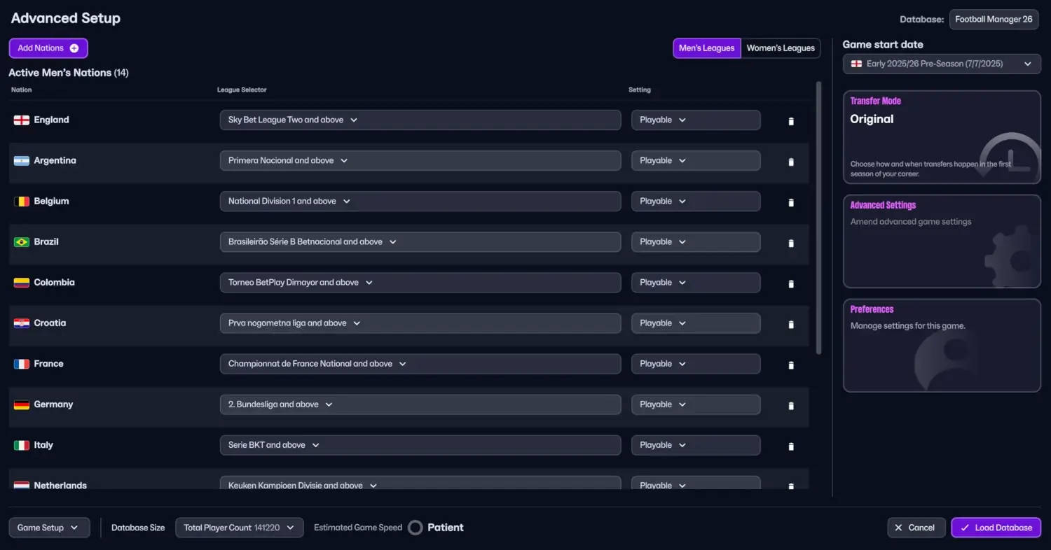 Setting up your Football Manager 26 save | FM26 Beginners Guides 4 Selecting active nations and playable leagues in Football Manager 26