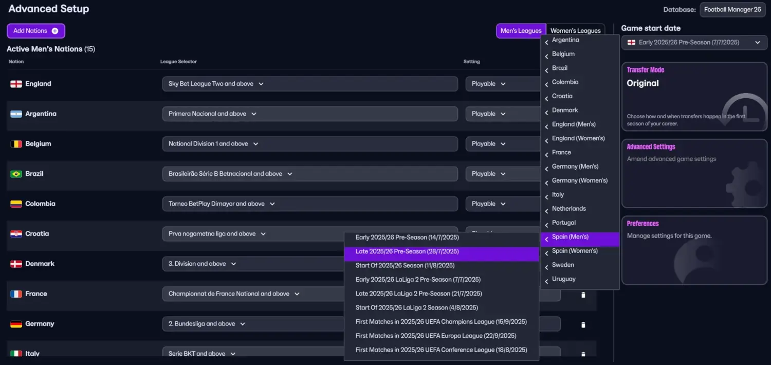 Setting up your Football Manager 26 save | FM26 Beginners Guides 7 Selecting game start date on Football Manager 26