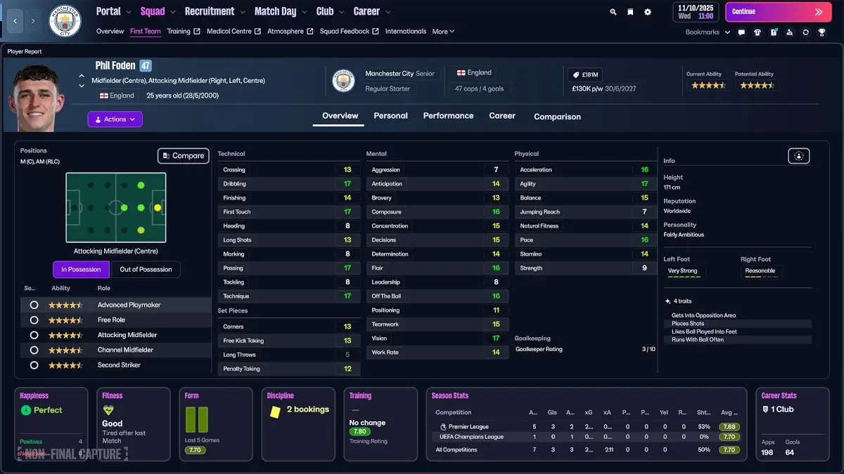 Beginners Guide to FM26 Tactics Creation: In- & Out Of Possession Tactics, New Player Roles & Visualizer 16 Football Manager 26 player profile Phil Foden