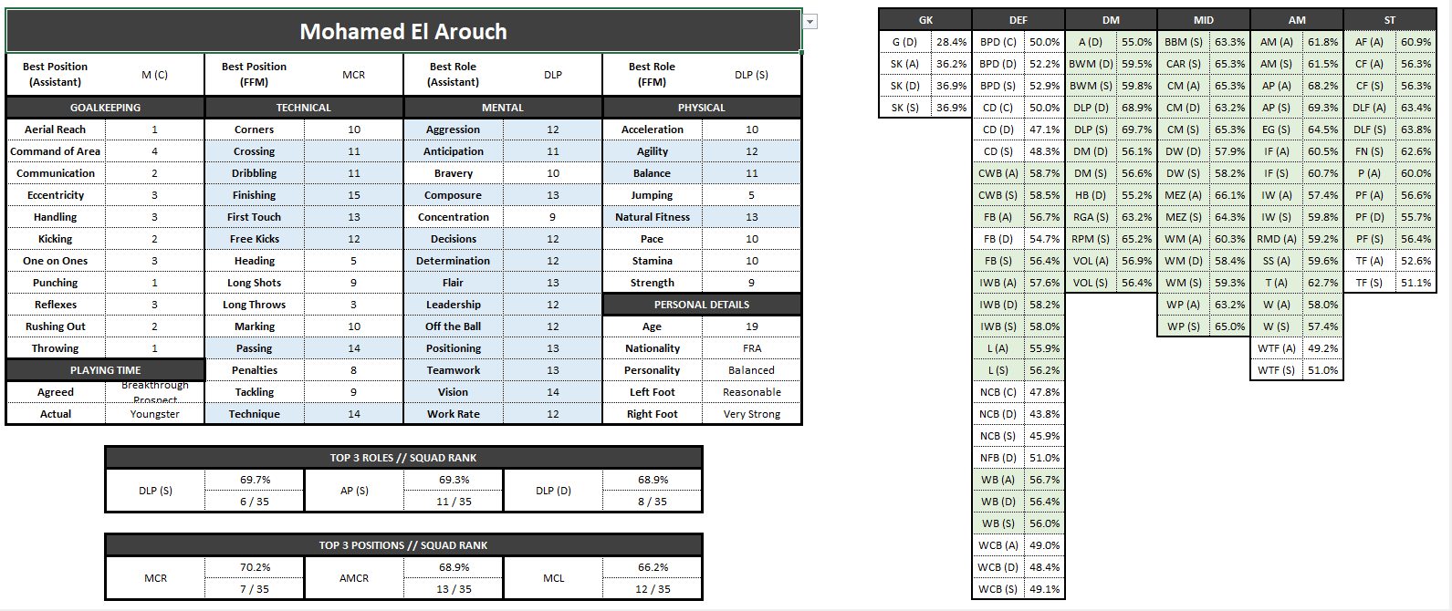 Football Manager Attribute analysis spreadsheet player overview