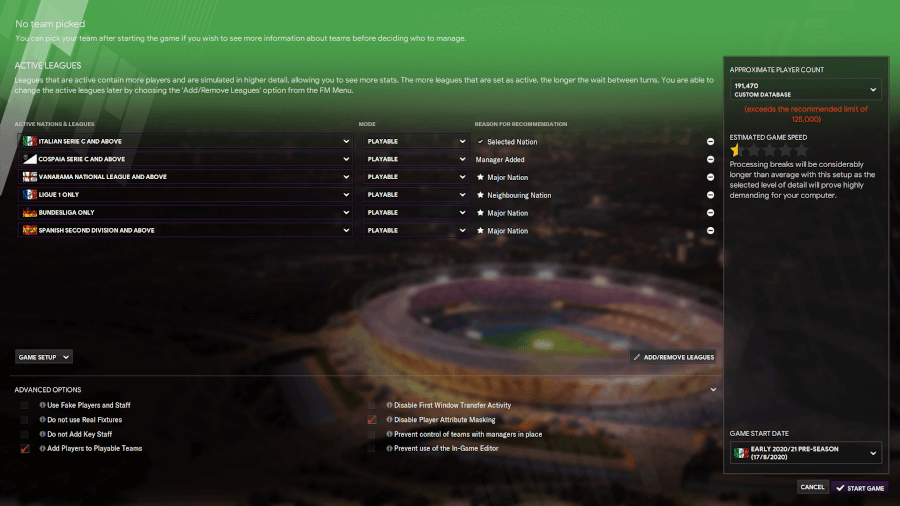 Recommended save setup when starting the Football Manager Cospeia Fantasy database