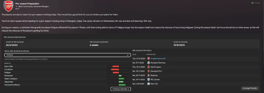 Football Manager pre-season preparation inbox message