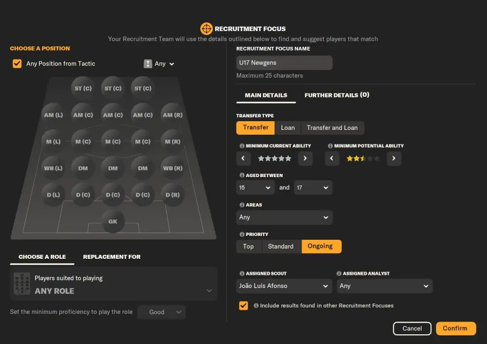Football Manager scouting for best newgens recruitment focus