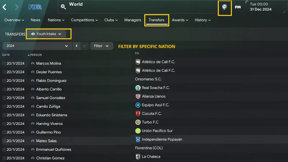 Football Manager scouting for wonderkids by youth intake dates at world transfers