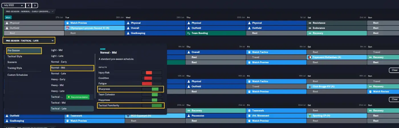Preset Football Manager training schedules