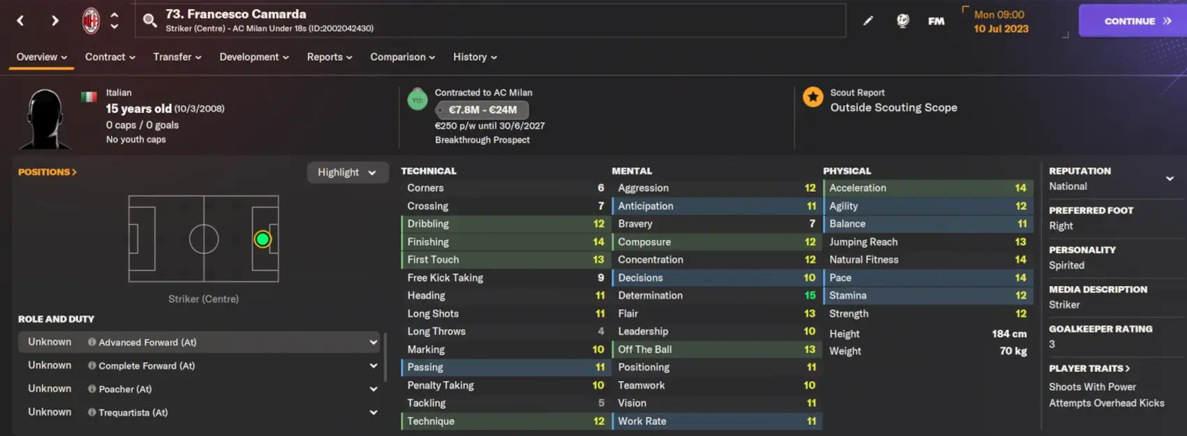 Francesco Camarda player profile on Football Manager 2024 - FM24 Scout Report