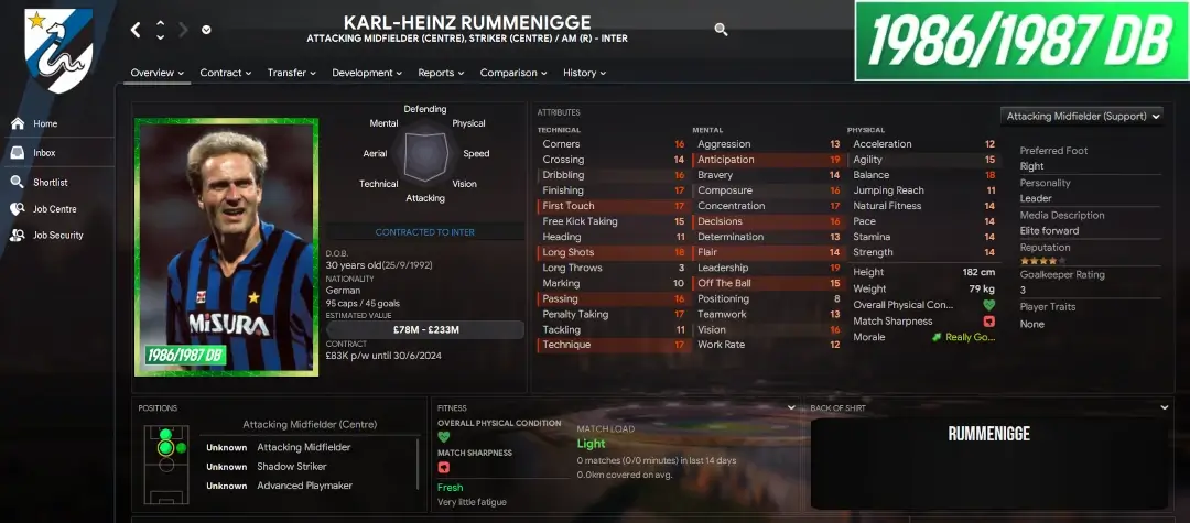 1986/87 Retro Database for Football Manager 2024 7 Karl-Heinz Rummenigge player profile 1986-87 player profile retro database for Football Manager 2024