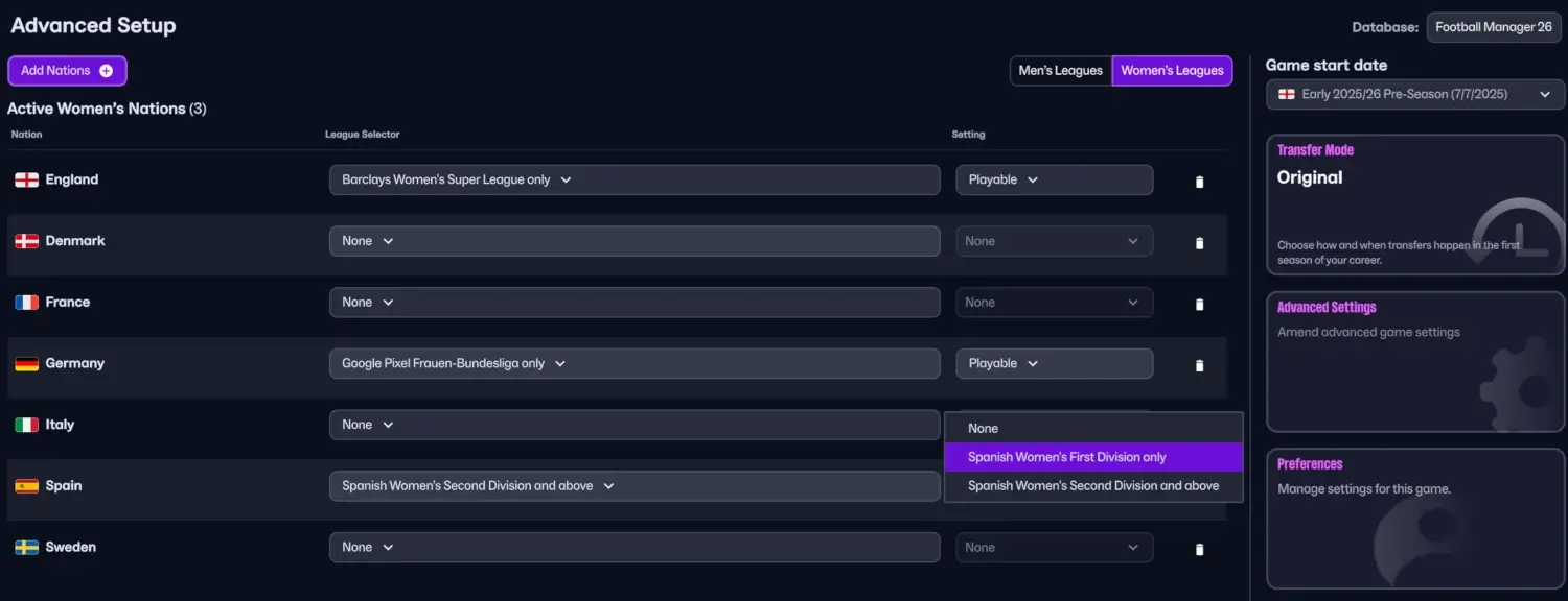 Setting up your Football Manager 26 save | FM26 Beginners Guides 5 Selecting womens nations on Football Manager 26